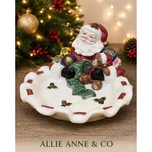 Vintage Fitz & Floyd Omnibus Santa Cookie Dish | Large Christmas Serving Bowl |